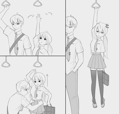这是一张黑白四格漫画，故事背景设置在有轨电车内，走反套路搞笑风格：第一格中穿校服的矮个女生努力抬手也够不到车顶的吊环，旁边的高个男学生正轻松抓着吊环；后续给出了两种不符合常规恋爱漫画套路的离谱展开，一种是男生直接伸手抱住女生的腰将她整个人举高让她够到吊环，另一种是女生自己突然长到远超男生的身高，自己抓着吊环一脸不爽。