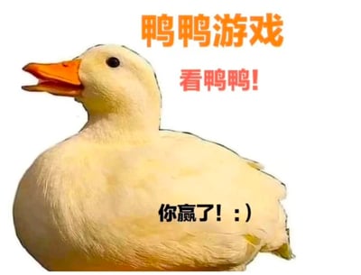图片主体是一只黄色的鸭子，橙色的嘴巴微微张开，眼睛圆溜溜的，整体形象呆萌可爱。背景为纯白色，上方有橙色文字“鸭鸭游戏”，其下方是红色文字“看鸭鸭!”，鸭子身体上则有黑色文字“你赢了! : )”。整体风格轻松愉快，通过可爱的鸭子形象和鼓励性文字营造出一种俏皮的氛围。