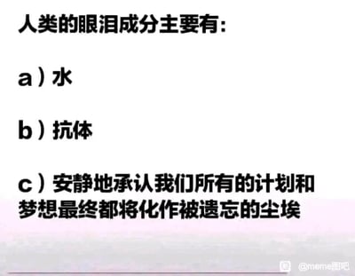 这是一张主打丧文化风格的meme梗图，采用图文混排的纯文字呈现形式。图中以科普人类眼泪成分为引子，前两个选项a和b分别列出了眼泪真实的生理成分——水和抗体，营造出一种严肃科普的氛围；而第三个选项c则进行了戏剧性反转，用充满虚无主义色彩的文字，将人们因理想破灭、现实挫败而产生的失落、绝望情绪具象化为眼泪的“成分”，精准戳中当代人在面对生活压力、理想与现实落差时的负面情绪，通过这种反差感制造出强烈的情感共鸣，是网络上常见的扎心类梗图。