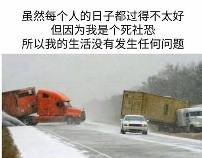 图片上半部分为黑色文字：'虽然每个人的日子都过得不太好 但因为我是个死社恐 所以我的生活没有发生任何问题'。下半部分是一张实拍图：雪天的高速公路上，两辆卡车已侧翻在路边，路面湿滑积雪，一辆白色轿车却安然无恙地从中穿过。图片通过文字与画面的反差制造幽默效果——将社恐者回避社交的状态比喻为在混乱环境（象征他人生活的不顺）中不受影响的车辆，暗示社恐因减少社交而避免了许多生活中的麻烦。