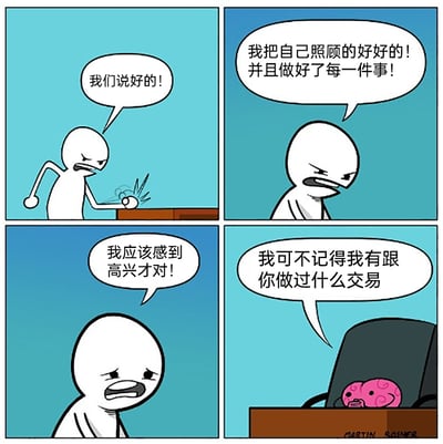 这是一则四格连环卡通漫画，以拟人化的身体和大脑为角色展开对话：第一格中代表身体的白色小人愤怒地拍着桌子，喊出“我们说好的！”；第二格它激动地控诉自己已经好好照顾自己、完成了所有事；第三格它转为委屈难过，念叨着自己应该感到高兴；第四格中，坐在办公椅上的粉色拟人化大脑冷漠地回应，称不记得和它有过任何交易。漫画用荒诞幽默的方式，调侃了现实中很多人认真生活、完成了所有“任务”，却依然无法获得快乐，仿佛被自己的大脑“欺骗”的无奈心理，充满黑色幽默与对日常情绪的精准捕捉。