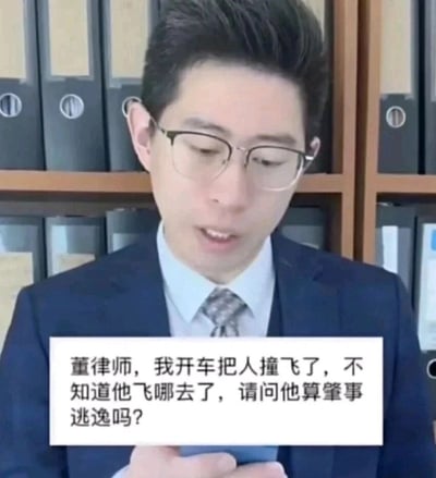 这是一张搞笑的网络梗图，画面主体是一位身着深蓝色西装、佩戴眼镜的董律师，他正低头看着手机，背景是摆放着文件柜的办公场景。图下方配有网友的离谱提问：“董律师，我开车把人撞飞了，不知道他飞哪去了，请问他算肇事逃逸吗？”，这个提问通过混淆肇事逃逸的主体制造荒诞笑点——原本撞人的驾驶者才是肇事方，提问者却反过询问被撞飞的人是否属于肇事逃逸，完全颠倒了责任主体，用离谱的逻辑制造幽默效果，属于网络上常见的普法类内容衍生的搞笑整活创作。