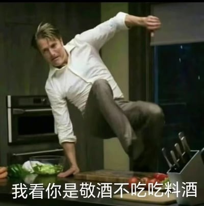 图片中是电视剧《汉尼拔》中的经典场景，主角汉尼拔·莱克特（由麦斯·米科尔森饰演）在厨房中做出夸张的单腿站立姿势，一手撑在料理台上，另一手高高举起。台面上摆放着各种蔬菜和刀具，营造出专业厨师的氛围。图片下方配有文字“我看你是敬酒不吃吃料酒”，利用谐音梗制造幽默效果，将“敬酒不吃吃罚酒”的俗语改编为与烹饪相关的“料酒”，与汉尼拔既是心理医生又是烹饪爱好者的双重身份形成有趣呼应。
