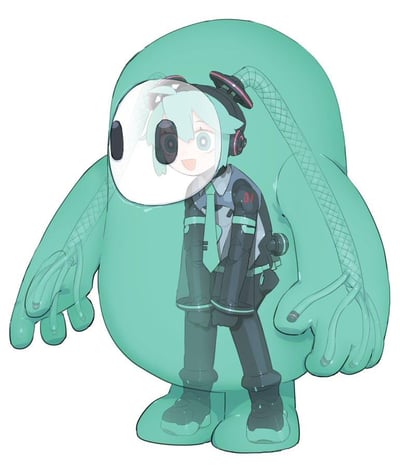 这是一幅创意十足的二次元同人插画，将Crypton Future Media旗下的虚拟歌手初音未来，与Innersloth开发的游戏《Among Us》中的青色船员形象进行了融合创作。画面中，初音未来身着黑绿配色的机能风套装，头戴科技感耳机，标志性的薄荷绿发色十分醒目，她的表情开心愉悦，整个身体被包裹在一个放大的、圆润的《Among Us》青色船员外壳内部，透过外壳的透明面罩可以清晰看到她的脸部。外部的船员形象保留了游戏里经典的圆胖身形与宽大四肢，和内部身形纤细的初音形成了有趣的大小对比，整体画风精致细腻，属于爱好者自发的跨IP二次创作，没有包含双关、谐音梗或其他暗示内容。