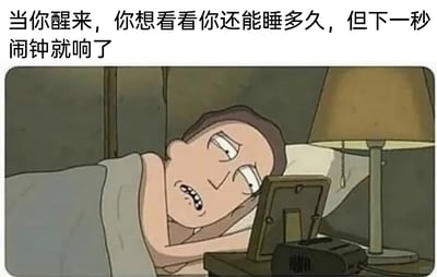 这是一张结合动画截图与文字的搞笑共鸣梗图，上方配有文字“当你醒来，你想看看你还能睡多久，但下一秒闹钟就响了”。图中是动画《瑞克和莫蒂》里的角色瑞克，他躺在床上，一脸崩溃、不敢置信的表情，眼睛瞪大，嘴巴张开，伸手看向床头的闹钟，完美还原了很多人在睡梦中提前苏醒，正想确认还能补眠多久时，闹钟恰好在此刻响起的无奈瞬间，精准戳中起床困难户、打工人的日常痛点，极易引发大众共鸣。