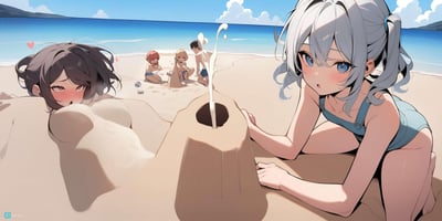 这是一幅AI生成的动漫风格海滩场景图：画面右侧是扎着双马尾的银蓝发色少女，她趴在沙滩上，一脸惊讶地看着面前沙堆中喷出的白色液体；画面左侧的深发色少女大半身体埋在沙里，脸颊通红，眼神带着羞涩和慌乱，头顶还有粉色爱心符号。背景里有三个小孩正在开心地堆沙堡，碧海蓝天的沙滩氛围轻松，而前景的画面则利用视觉错位制造出趣味暗示，营造出尴尬又搞笑的效果。