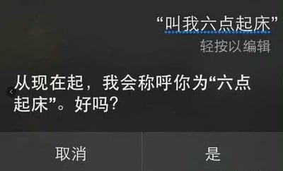 这是一张苹果手机语音助手Siri的交互界面截图，用户原本想要设置六点起床的提醒，输入指令“叫我六点起床”，但Siri错误地将该指令理解为用户想要将称呼改为“六点起床”，于是向用户询问是否确认修改，界面底部提供“取消”和“是”两个选项。整个场景因语音助手对指令的歧义解读而产生搞笑效果，是日常使用智能助手时可能遇到的趣味小插曲，没有双关、谐音梗等特殊内容。