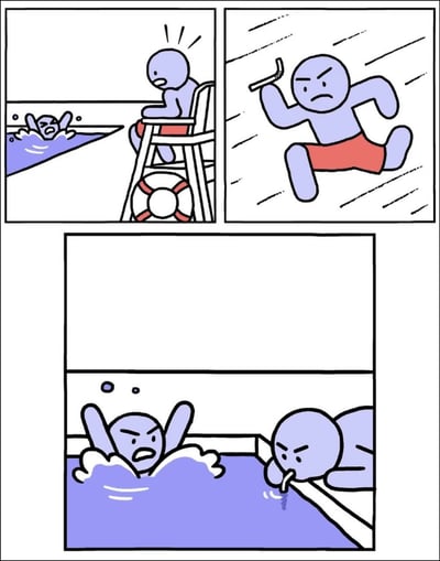 四格连环漫画展现救生员的迷惑救援：第一格中救生员坐在带救生圈的高脚椅上，惊讶地看着泳池里挣扎的溺水者；第二格救生员手持长棍愤怒奔跑；第三格为空白过渡；第四格溺水者愤怒挥手，而救生员竟用棍子蘸池水饮用。通过救生员误解溺水者需求的荒诞行为制造搞笑效果。