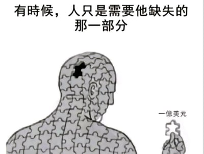 这是一张具有讽刺意味的图文结合类静态图，画面主体是一个由拼图拼接而成的人像上半身，该人像的头部位置缺失了一块拼图；在画面的右下角，有一块标注着“一亿美元”的拼图块，其形状恰好与人头上的空缺完全匹配。图片上方配有文字“有时候，人只是需要他缺失的那一部分”，将人的精神或内心空缺具象化为拼图的缺口，并用代表巨额财富的一亿美元拼图块来对应填补，通过这种具象化的方式，夸张地讽刺了当下社会中部分人将金钱视为填补自身精神空虚、满足自我需求的核心要素，调侃了金钱至上的物质主义价值观。