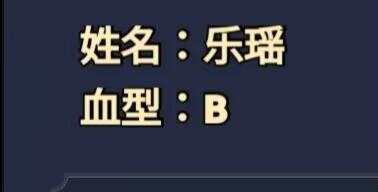 这是一张纯文字信息展示图，深色背景搭配浅色字体，清晰列出了姓名“乐瑶”与血型“B”两项个人基础信息，内容简洁直观，没有多余元素，仅用于传递基础身份相关信息。