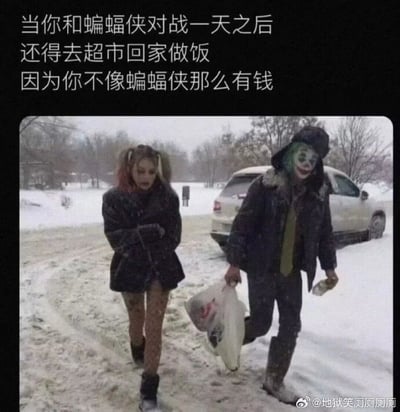这是一张图文结合的静态搞笑梗图，上方配有文字“当你和蝙蝠侠对战一天之后还得去超市回家做饭因为你不像蝙蝠侠那么有钱”，下方图片展示了两个真人分别cos成DC漫画《蝙蝠侠》系列里的小丑与哈莉·奎茵，他们穿着厚重的日常冬装，在积雪的户外道路上行走，其中cos小丑的人手里拎着超市购物袋和饮料，两人神态都显得十分疲惫。这张图通过将原本张扬疯狂的经典反派角色，拉回柴米油盐的普通人日常，形成强烈的形象反差，用超级英雄IP的趣味设定，调侃普通人即便经历了如同“和蝙蝠侠对战”般忙碌劳累的一天，也无法像有钱的蝙蝠侠一样摆脱生活琐事，必须回归日常的买菜做饭，以此引发普通网友对生活压力的共鸣，充满幽默自嘲的意味。