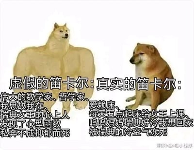 这是一张左右对比的趣味梗图，采用网络流行的“肌肉柴犬vs废柴柴犬”反差模板创作。左侧是拥有健硕肌肉的柴犬形象，被标注为“虚假的笛卡尔”，下方文字罗列了笛卡尔被后世赋予的光环化标签：伟大的数学家、哲学家、提出核心哲学观点“我思故我在”、是瑞典女王的心上人、发现心型函数、私奔不成抑郁而死；右侧是神态萎靡、耷拉着脑袋的普通柴犬，标注为“真实的笛卡尔”，下方文字则以幽默夸张的方式讲述了笛卡尔更接地气的真实经历：本身爱赖床，却要每天五点起床给瑞典女王上课，哭诉瑞典寒冷想回家，最终因不适应瑞典的严寒气候去世。图片通过反差感的动物形象和文字，打破了历史人物的刻板印象，用诙谐的方式传播历史冷知识，增强了内容的趣味性和传播性。