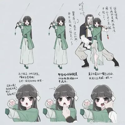 这是一组六格武侠主题连环漫画，主角为身着绿衣的少女。上排左图：少女手持长剑，眼神坚定，配文“每日这我定能变厉害了！”；上排中图：少女同样持剑姿势，配文“离高手也不远啦。”；上排右图：黑衣男子从后方指导少女握剑，男子配文“用了内力果然这么流畅！中小了一点。”，少女发出“哈！”的惊叹。下排左图：少女面露惊喜，周围文字“已经很厉害了，下次肯定能。”“谢谢指导！”“已经进步很大了！”“以后一定可以更好！”；下排中图：少女单手托腮沉思，配文“那些练习的时光，从生疏到熟练的每一个自己。”；下排右图：少女微笑眨眼，配文“真正的道从不是为了战胜谁，快乐只在这一刻~”。画风可爱清新，展现了少女在武侠练习中的成长与感悟。