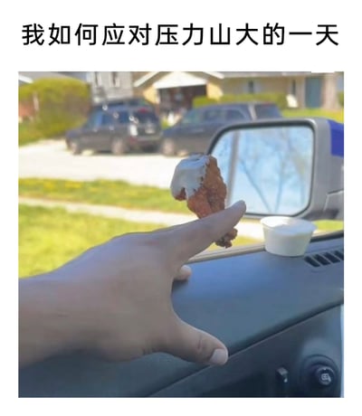这是一张趣味解压梗图，上方配文“我如何应对压力山大的一天”，图中场景在车内，一只手放在中控台上，利用视觉错位将沾了白色蘸酱的炸鸡腿放在手指上方，让炸鸡腿看起来像是“长”在手指上，旁边还放着一小盒同款蘸酱。这张图用无厘头的创意，表达了通过享用美食来缓解压力、治愈疲惫的轻松心态，借助视觉错位制造出滑稽搞笑的效果，传递出一种简单随性的解压方式。