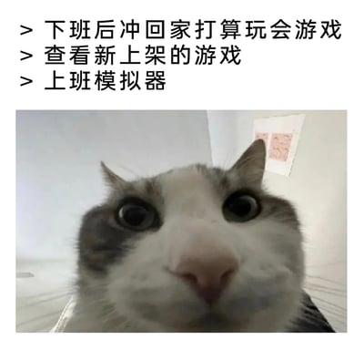 这是一张图文结合的搞笑表情包，上方文字描述了打工人的日常经历：下班后迫不及待冲回家，打算通过玩游戏来放松身心，结果在查看新上架游戏时，发现了名为《上班模拟器》的游戏。下方搭配了一张近距离拍摄的猫咪图片，猫咪眼睛瞪大，满脸露出震惊、不敢置信的表情，精准地诠释了打工人看到该游戏时的崩溃与无奈，用这种夸张的反差感，吐槽职场生活带来的疲惫，极易引发广大打工人的情感共鸣。