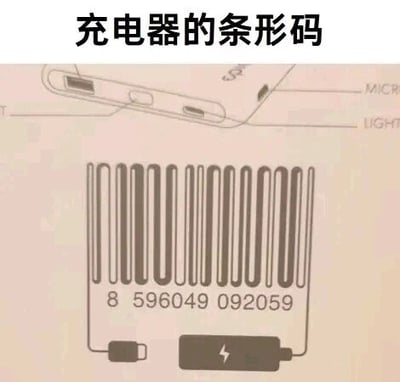 这是一张静态的图文混排P图改编梗图，画面上方展示了充电器的两个接口，分别标注有“MICR”和“LIGHT”字样；中间位置是一个标准条形码，下方配有数字“8 596049 092059”；创作者将条形码的左右两侧线条分别连接到一个充电接口和一个带有闪电充电标志的设备上，巧妙地将“条形码”的视觉形态与“充电线”结合，利用创意视觉设计制造出趣味效果，让条形码看起来像是连接充电器和用电设备的充电线，以此打造出“充电器的条形码”这个搞笑的创意主题，属于网友脑洞大开的趣味创作，用来博人一笑。