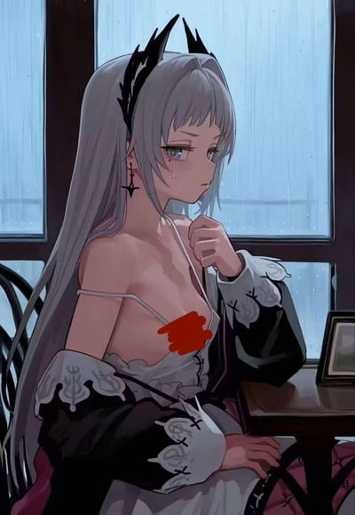 图中呈现了一位有着银长发、佩戴黑色恶魔角发饰的二次元少女，她坐在落雨的窗边，脸上挂着泪水，神情满是悲伤。少女身着的吊带衣物滑落，胸部位置被红色马赛克遮挡，身上披着带有白色花纹装饰的黑色外套，左手抬起抵在下巴附近，整体画面氛围忧郁伤感，充满了落寞的情绪。