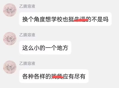 这是一张聊天软件的截图，网名为“乙腈溶液”的用户采用反讽的语气吐槽自己的学校：先以“换个角度想学校也挺牛逼的不是吗”开启话题，紧接着点明学校空间狭小，却聚集了各种各样让自己讨厌的人，并用粗俗的词汇表达了对这类人的强烈不满，整体内容充满了负面情绪，是用户对校园里不如意的人际关系的宣泄。
