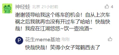这是一张社交媒体平台的评论截图，用户“神经蛙”发布动态，以自嘲的语气表示感谢领导给自己练车的机会，还提及自从上次车祸后就没开过车，末尾引用歌曲《离人愁》的歌词“快哉快哉！我应在江湖悠悠~饮一壶浊酒~”，增添了搞笑氛围；用户“花生meme基地”在下方进行回复，重复“快哉快哉”并以“笑得小女子驾鹤西去了”玩梗，将“驾鹤西去”的字面意思与练车的语境结合，制造出夸张的喜剧效果，二者的互动充满趣味。
