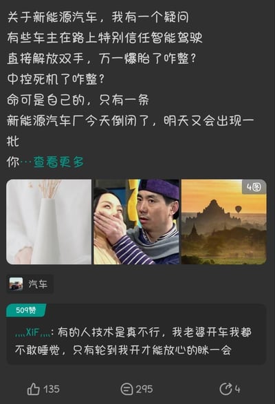 这是一条汽车板块的社交媒体图文动态，上方文字表达了对新能源汽车智能驾驶的安全顾虑：质疑车主完全依赖智能驾驶解放双手时，遇到爆胎、中控死机等紧急状况的应对问题，同时感慨新能源车企更新迭代快；下方拼接了三张图，中间是国产情景喜剧《武林外传》里吕秀才捂住佟湘玉嘴的经典表情包，另外两张分别是静物图和缅甸蒲甘佛塔的风景图。动态下的热门评论调侃自己老婆开车技术差，只有自己驾驶时才敢放心休息。整体内容以担忧智能驾驶安全为核心，搭配表情包强化情绪，评论区延伸出关于驾驶技术的趣味吐槽。