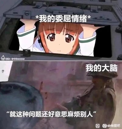 这是一张上下对比的多图拼接表情包，上半部分是日本原创动画《少女与战车》中的角色西住美穗，她双手扒着战车舱门，脸上带着委屈低落的神情，上方配文标注“*我的委屈情绪*”，用来指代自己当下委屈的心情；下半部分是一名士兵的影视截图，配文“我的大脑”，下方的文字“就这种问题还好意思麻烦别人”则是大脑中的理性声音，整体生动地刻画了很多人在生活中常见的矛盾心理：内心感到委屈、渴望帮助，但又出于自尊或不好意思，在理性层面自我约束，不愿向他人开口求助。