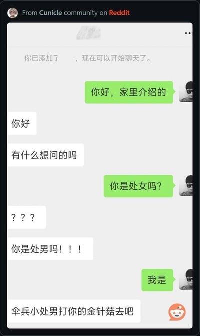 这是一张聊天记录截图，展示了一段由家里介绍的相亲对象之间的对话。一方在初次聊天时就提出了"你是处女吗?"的不当问题，引发对方愤怒回应"??? 你是处男吗!!!"，最后以"伞兵小处男打你的金针菇去吧"结束对话。