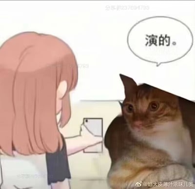 这是一张用于社交互动的搞笑合成表情包，画面左侧是一位粉色短发的卡通女生，她手持手机，正看向右侧；右侧是一只从角落探出头的猫咪，猫咪双眼瞪大，表情怪异滑稽，它的对白气泡中写着“演的。”，精准传递出对生活中虚假、装模作样行为的吐槽与戏谑。图片的顶部、左侧中部、底部均带有“分享群237694793”的水印，右下角标注了该表情包的微博创作者@馅大皮薄汁浓味儿美。