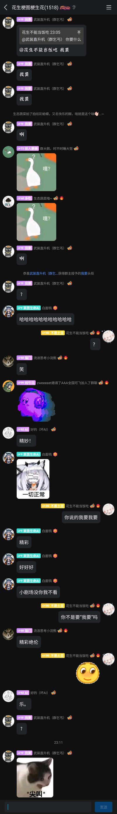 这是一张QQ群“花生梗图梗生花(1518)”的聊天记录竖屏截图，记录了群内成员的趣味玩梗互动：群成员“武装直升机（群乞丐）”不断发送“我要”，群主“花生不能当饭吃”询问其需求后，该成员仍重复发送“我要”，随后群主为其授予“我要”的专属头衔，这一操作引发其他群成员的调侃互动，大家纷纷发送迷惑大鹅表情包、明日方舟白面鸮“一切正常”表情包、尖叫猫表情包等，配合文字进行玩梗，整个群聊氛围轻松诙谐，充满了网络社群的即兴趣味感。