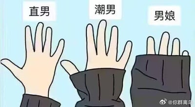该图为卡通风格的对比图，从左至右依次展示三只手，上方分别标注“直男”“潮男”“男娘”。左侧“直男”手袖较短，手掌完全露出；中间“潮男”手袖适中，袖口覆盖部分手腕；右侧“男娘”手袖极长，几乎遮住全部手指。通过袖子长度和手部暴露程度的差异，以幽默夸张的方式调侃不同男性风格的刻板印象。