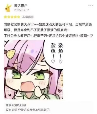 这是一张本地生活服务平台的商家评价截图，匿名用户在2025年3月2日给出五星好评，但文字内容却用娇嗲的语气阴阳怪气地吐槽汉堡分量太小，吃不饱，同时还暗讽商家为“杂鱼大叔”，并配上了一张粉色头发动漫女孩的表情包，表情包里的角色皱着眉，旁边的气泡写着“杂鱼 杂鱼”，将不满的情绪直接表现出来；一天后商家回复表示会加强分量的监管。
这里的“杂鱼”是日语谐音梗，原词在日语中是指没用的人、废物，用户用这个词表面客气实际吐槽商家，形成强烈的反差感，十分搞笑。
