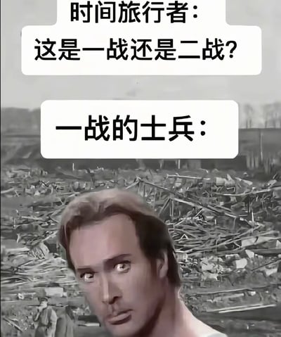 这是一张幽默梗图，背景为黑白的战争废墟场景，前景有一位人物面部特写。上方对话气泡显示“时间旅行者：这是一战还是二战？”，下方气泡标注“一战的士兵：”，通过留白和场景暗示一战与二战战场的相似性，制造历史认知混淆的笑点。