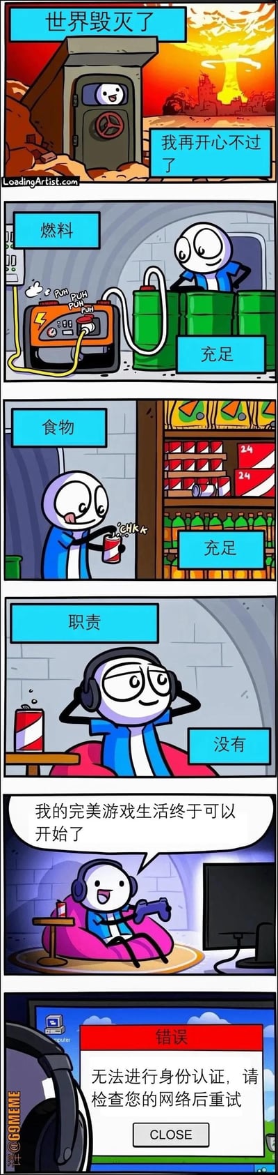 这是一组LoadingArtist创作的连环漫画，讲述了在世界因核爆毁灭后，主角躲在地下避难所中，看到外界毁灭反而十分开心——他的燃料、食物储备充足，也没有任何需要承担的职责，满心期待能开启无忧无虑的完美游戏生活。然而当他打开游戏时，却弹出了「无法进行身份认证，请检查您的网络后重试」的错误提示，期待瞬间落空。漫画用反转的剧情制造出强烈的搞笑效果，戳中了当代玩家对网络依赖的痛点。