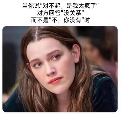 图片上方为文字描述：'当你说"对不起，是我太疯了" 对方回答"没关系" 而不是"不，你没有"时'，下方是一张女性的剧照截图。图中女性有着棕色长发，眼神略带思索与失落，侧头凝视，表情细腻地展现了在听到对方回应后的复杂情绪，反映了人际关系中道歉后未得到预期安慰时的微妙心理感受。