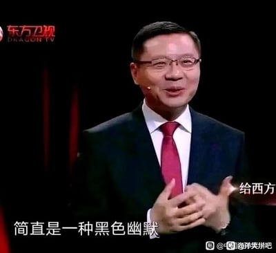 图片显示东方卫视节目中的一个场景，一位穿着深色西装、系着红色领带的男子正在发言。他戴着眼镜，双手交叠在身前，表情严肃认真。画面中有中文字幕显示：'简直是一种黑色幽默'。背景为深色，左上角有东方卫视的标志。