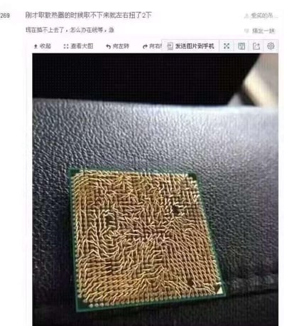 这是一张PCDIY圈的搞笑恶搞梗图，画面上方是论坛求助的文字内容：用户表示自己在拆卸CPU散热器时，因为取不下来就左右扭动了2下，现在CPU无法插回主板，着急在线求助。画面下方的CPU被网友用P图软件修改，原本整齐排列的金色针脚被改成了一团杂乱无章、像乱麻一样的形态，用极度夸张的方式调侃新手玩家暴力操作硬件导致彻底损坏的窘境，在电脑爱好者圈子里用来吐槽不规范的装机操作。