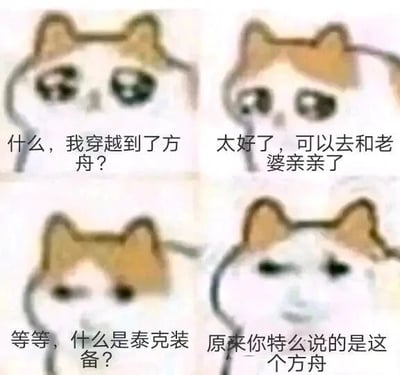 这是一张四格连环式的图文混排表情包，使用了网络流行的流泪猫猫头形象，通过四格的表情与文字变化制造反转笑点。第一格中猫猫头带着疑惑的表情，配文“什么，我穿越到了方舟？”，此处的“方舟”会让熟悉二次元手游的受众联想到《明日方舟》；第二格猫猫头露出期待开心的表情，配文“太好了，可以去和老婆亲亲了”，对应《明日方舟》里玩家常将喜爱的女干员称为“老婆”的社群文化；第三格猫猫头重新露出疑惑神情，配文“等等，什么是泰克装备？”，泰克装备是生存沙盒游戏《方舟：生存进化》中的高级专属装备，此时开始铺垫反转；第四格猫猫头露出嫌弃无语的表情，配文“原来你特么说的是这个方舟”，完成反转，利用“方舟”一词的双关属性，将两款同名但类型完全不同的游戏关联，制造出误会的搞笑效果。