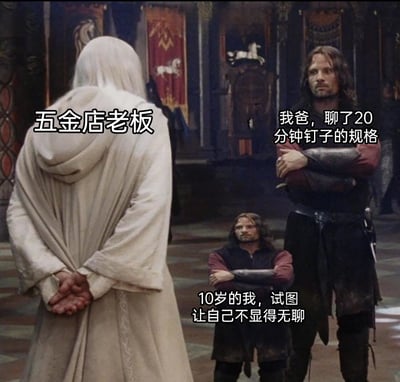 这是一张改编自经典奇幻电影《指环王》场景的搞笑梗图，通过对电影截图进行P图，并添加文字标注，还原了许多人都有过的童年经历：跟着父亲去五金店时，父亲和五金店老板兴致勃勃地聊了20分钟钉子的规格，10岁的自己只能在一旁强装镇定，努力让自己不显得无聊。图中用背对着镜头的甘道夫代表五金店老板，用站立的成年阿拉贡代表投入聊天的父亲，用缩小版的阿拉贡代表试图掩饰无聊的小时候的自己，精准戳中了童年陪长辈逛店时那种无聊又不得不忍耐的尴尬心情。