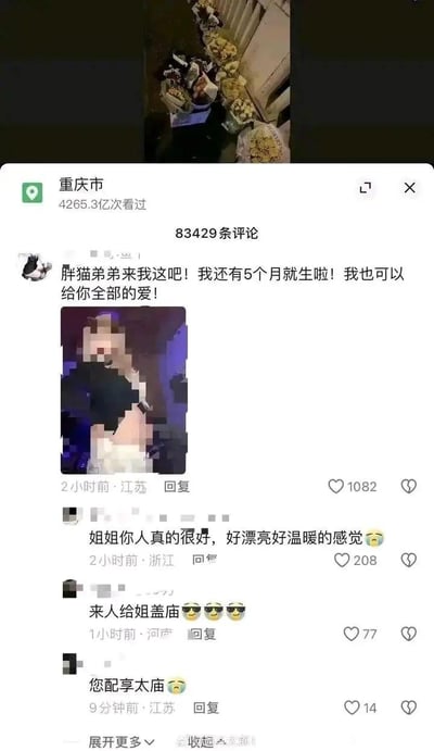 该图片为社交媒体评论区截图，内容围绕“重庆市”相关话题展开，显示有4265.3亿次看过及83429条评论。顶部评论来自用户“胖猫弟弟”，称自己还有5个月就要生产，并表示可以给予全部的爱，评论下方附有一张模糊处理的图片。其他网友回复中，有人称赞“姐姐你人真的很好，好漂亮好温暖的感觉”，还有“来人给姐姐盖庙”“您配享太庙”等高度赞扬的言论，整体氛围温暖感人。