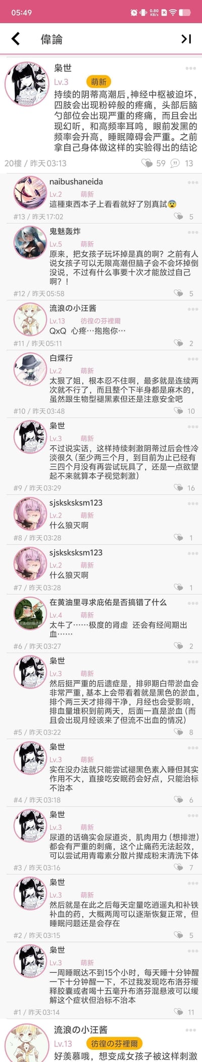 这是一张ACG风格论坛的帖子截图，楼主「枭世」以自身亲身实验的经历，详细描述了持续阴蒂高潮后出现的多种严重身体不适：神经中枢受损引发四肢、后脑勺粉碎般疼痛，伴随幻听、高频耳鸣、眼前发黑、严重睡眠障碍；还会导致长期性冷淡，妇科方面出现排卵期白带淤血、月经异常，同时引发尿道炎等问题，也分享了自己服用逍遥丸、补铁药、安眠药等缓解办法。其他网友看到后，有的提醒不要模仿本子里的内容，有的分享自身类似经历，有的表达心疼，还有网友表示羡慕。