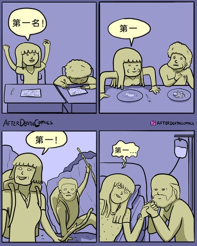 这是一幅四格卡通漫画，通过四个不同的人生场景展现了一位女生对“第一”的执着：第一格是考试场景，女生兴奋地举手欢呼“第一名！”，旁边的男生正专注答题；第二格是用餐场景，女生已经吃完盘中食物，含糊地说着“第一”，男生的食物还未动；第三格是登山场景，女生率先登顶，开心地喊着“第一！”，男生在后方举着登山杖，神情疲惫；第四格是医院临终场景，女生躺在病床上，虚弱地在心里想着“第一…”，男生握着她的手，神情悲伤。漫画用连贯的人物故事和夸张的表现手法，讽刺了过度执着于竞争、凡事都要争第一的人生状态，带有黑色幽默的意味。