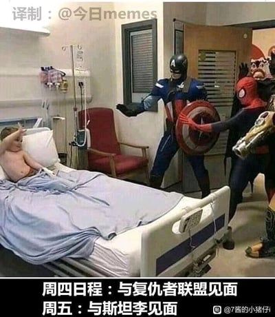 这是一张图文混排的静态梗图，画面呈现的是医院病房内的场景：一名赤裸上身的病童躺在病床上，抬手做出动作，床边有身着美国队长、蜘蛛侠cos服装的人，还有灭霸coser的部分身影，他们似乎在和病童进行互动，试图给病童带来慰藉。图片下方配有文字「周四日程：与复仇者联盟见面 周五：与斯坦李见面」，这是一个带有悲剧色彩的委婉表达——斯坦·李是漫威宇宙的缔造者，早已离世，这里的「与斯坦李见面」实际上暗示病童在周五不幸离世，用漫威相关的元素包装了这个令人心酸的悲伤事实，让这个悲剧结局以一种贴合病童兴趣的方式被表达出来，充满了惋惜之情。