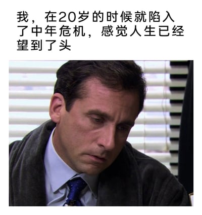 这是一张图文结合的情绪表情包，上方配有文字“我，在20岁的时候就陷入了中年危机，感觉人生已经望到了头”，下方是截取自美国情景喜剧《办公室》的画面：角色迈克尔·斯科特穿着正装衬衫领带，外搭一件浴袍，眉头紧锁、眼神低垂，神情落寞沮丧，满脸疲惫失意。配文与画面形成强烈的情绪共鸣，用“二十岁就遭遇中年危机”的反差感，精准调侃和抒发了当代年轻人过早感受到生活压力、对人生失去期待的低落焦虑情绪，很容易引发年轻人的情感共鸣。
