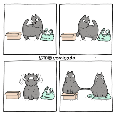 这是一组四格卡通漫画：第一格中，一只灰色猫咪惊讶地盯着身旁的空纸箱和浅绿色容器袋，尾巴搭在袋子上；第二格猫咪表情变得狡黠，尾巴完全伸进了容器袋中；第三格猫咪身体开始剧烈晃动，眼睛发晕，呈现出眩晕的状态；第四格猫咪分裂成了两只，一只稳稳坐在纸箱里，另一只坐在容器袋中，两只猫咪通过尾部相连，表情呆萌。