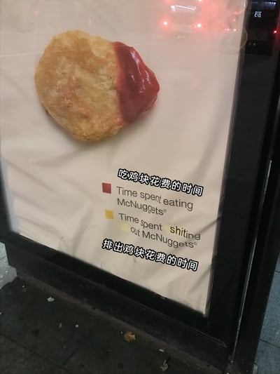 这是一张户外展示的恶搞海报，模仿麦当劳的宣传物料风格，画面上方是一块一半被红色番茄酱覆盖的麦乐鸡块，下方用类似信息图表的形式，将“吃鸡块花费的时间”对应红色标识，英文标注为“Time spent eating McNuggets®”，另一部分对应“排出鸡块花费的时间”，英文标注为“Time spent shiting out McNuggets®”，通过视觉上鸡块被覆盖的面积大小，夸张地对比了进食和排出相关的时间差异，用重口味的幽默方式调侃快餐相关的话题。