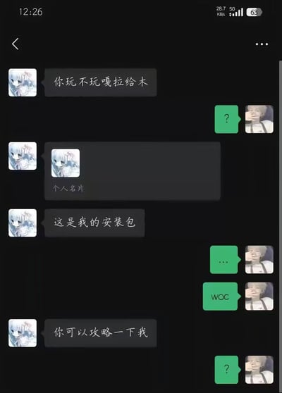 这是一张手机端深色模式的社交软件聊天记录截图，共包含4轮对话：左侧头像是白发二次元少女的用户首先用谐音“嘎拉给木”询问对方是否玩galgame（美少女游戏），随后发送自己的个人名片，戏称这是自己的“安装包”，最后表示对方“可以攻略一下我”，将自身比作可攻略的galgame角色来搭讪；右侧头像是真人的用户面对这一玩梗搭讪，先后回复问号、省略号、感叹词“woc”、问号，充分表现出意外、错愕的情绪，整体内容诙谐有趣，是结合ACG文化的搞笑玩梗内容。