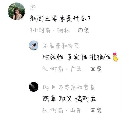 图片展示了一段社交媒体评论区对话。首条评论由河北用户9小时前发出，提问“新闻三要素是什么？”；广西用户“不要葱和香菜”9小时前回复“时效性 真实性 准确性”并配爱心手势emoji；山东用户“Dg”6小时前针对该回复评论“断章取义 搞对立”。截图包含用户头像、昵称、发布时间及地区信息，整体为白色背景的文字对话界面。