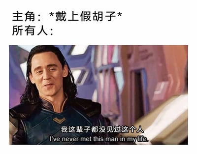 这是一张基于影视梗创作的搞笑静态梗图，上方文字设定了场景：主角戴上假胡子，下方使用漫威电影宇宙中角色洛基的影视截图，搭配“我这辈子都没见过这个人”的双语文字台词，用来调侃现实中那种明明一眼就能认出对方，却故意假装完全不认识的滑稽场景，洛基敷衍的假笑表情进一步强化了这种假装的刻意感，让整个梗的搞笑效果更突出。