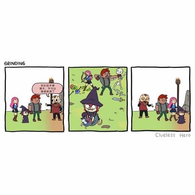 这是一幅三格连环搞笑漫画，改编自RPG游戏的经典设定：第一格中，由粉发弓箭手、红发战士、小女巫组成的冒险者小队来到关卡前，被守门人严肃地拦住，守门人表示他们实力不足，无法继续前进；第二格展示了小队为了提升实力开始刷怪练级，弓箭手射箭击杀怪物，战士徒手揍碎骷髅，小女巫则抱着小动物紧张地缩在一旁，地上散落着被击败的怪物和武器；第三格中，完成练级的小队再次来到关卡前，守门人一脸轻松地放行，小队也神态轻松地继续前进，用前后对比的方式调侃了RPG游戏中必须通过刷怪提升实力才能推进剧情的常见套路。