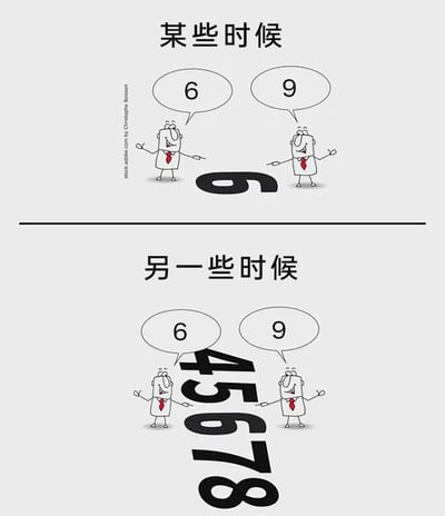 这是一幅分上下两部分的改编卡通漫画，以职场角色的场景隐喻认知盲区与视角局限。上半部分标题为“某些时候”，画面呈现一个可被双向解读为6和9的数字，左右两侧的卡通职场人站在各自视角位置，自信地喊出自己看到的数字，体现单一事物下的视角差异；下半部分标题为“另一些时候”，画面变为一串完整的数字“45678”，两个卡通职场人分别站在数字6和9的对应位置，却依然只关注自己视角里的6和9，完全忽略了中间的4、5、7、8，讽刺了部分人始终困在自身视角中，无视全局信息、陷入认知盲区的状态。