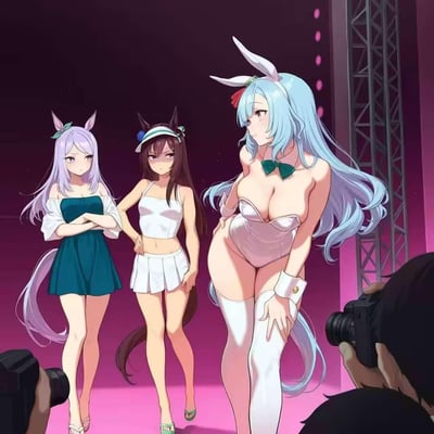 这是一张AI生成的《赛马娘 Pretty Derby》衍生插画，画面设置在粉紫色调的舞台场景中：右侧蓝发兽耳少女身着兔女郎风格服饰，摆出姿势被台下的人用相机拍摄，神态从容；左侧紫发少女双臂交叉抱于胸前，中间棕发少女双手叉腰，两人都露出不满、嫌弃的表情，和右侧少女的状态形成强烈反差，凸显出有趣的情绪对比。